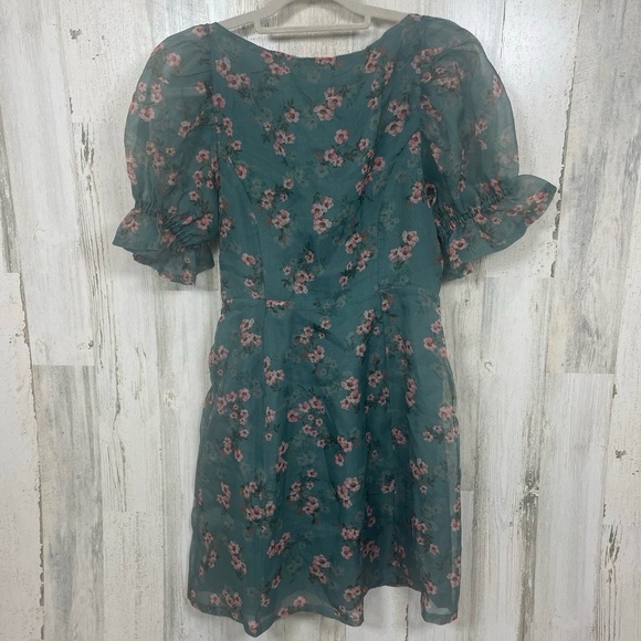 RAHI Anthropologie Teal Floral Mini Dress Size M Sheer Puff Sleeve Button Front - Picture 7 of 8